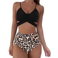 Traje de baño de mujer dividido de cintura alta Traje de baño de bikini multicolor con estampado de halter cruzado - details 1