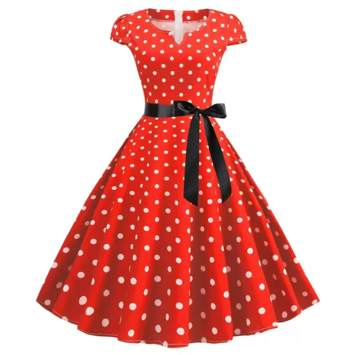 Ropa de mujer vintage, cuello medio abierto, mangas, estampado de cuerpo completo, falda de gran swing con cinta negra - 1
