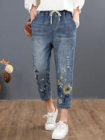Pantalones de mezclilla grande con estampado floral para mujer moda verano 2023 pantalones casuales bordados elásticos vintage de talla grande lavado a mano material exterior denim - details 4