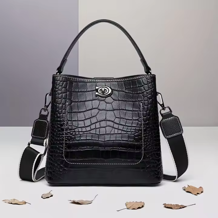 Bolso tipo cubo de cuero auténtico con gran capacidad, nuevo bolso con patrón de cocodrilo moderno y versátil, un hombro - 1