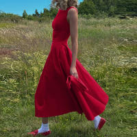 Verano nuevo estilo de moda temperamento color sólido sin mangas cierre de la cintura slim espalda abierta vestido - details 7
