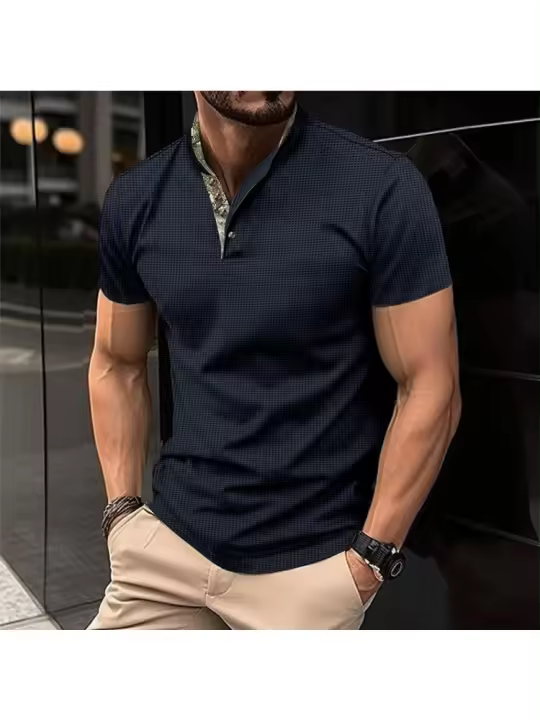 Top Verano de manga corta con cuello alto tipo gofre, camuflaje, polo europeo y americano de gran tamaño, polo casual para hombre. - 1