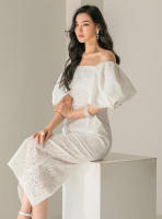 BGTEEVER-vestido ceñido con manga abombada para mujer, prenda elegante con abertura en la cadera, cuello de barco, cintura ajustada, Verano - details 15