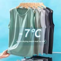 Chaleco de seda de hielo para hombre, camiseta sin mangas de verano de secado rápido de malla con hombros anchos, chaleco deportivo de talla grande con hombros huecos para Fitness - details 3