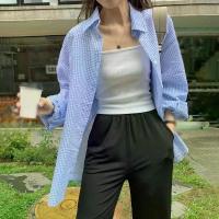 Camisa coreana para mujer, camisa de manga larga con protección solar, holgada, informal, de un solo pecho, con cuello vuelto a cuadros, de verano - details 2