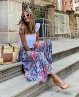 Faldas florales de calle de verano para mujer, cintura elástica, maxifalda con volantes, estampado Azul S - details 2