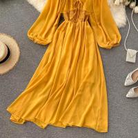 Nuevo modelo de vestido maxi elegante con cuello cuadrado para mujer, gasa lisa con mangas abullonadas, bata de fiesta en la playa, vestidos con volantes vintage - details 22