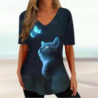 Camiseta Gráfica de Gato Kawaii Manga Corta, Estampado Haruku, Cuello en V, Ropa Suelta para Mujeres - details 14