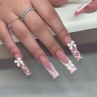 24 Piezas de Uñas Artificiales Negras con Cruces de Diamante Patrones de Arena, Presión, Escaleras Largas para Mujeres y Niñas - details 7