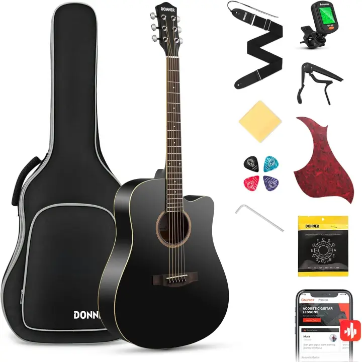 Guitarra Acústica de Adulto Guitarra Cutaway 4/4 Kit Dreadnought 41 Pulgadas de Principiante con Cuerde Afinador Cejilla Negra - 1