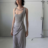 BUNO-Vestido grande de algodón puro con cuello en U para mujer, prenda informal y cómoda, con cintura irregular y falda larga adelgazante, color gris - details 4