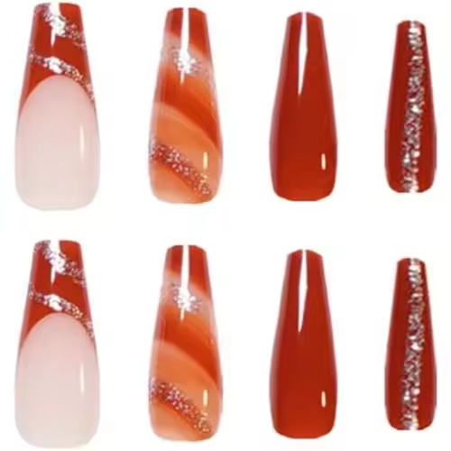 24 uñas postizas grandes con adhesivo, uñas acrílicas de cobertura completa tipo ataúd, uñas postizas francesas con diseño de hoja de arce roja, uñas adhesivas. - 1
