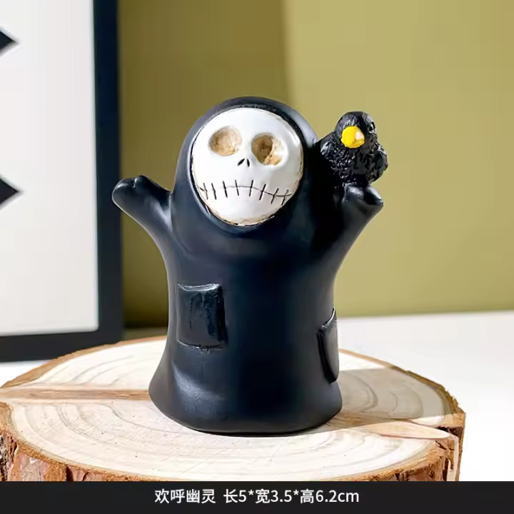 Adorno de fantasma de Halloween, Cráneo, mago, sin rostro, horror, misterioso, hombre negro, hogar, escritorio, resina, pequeño - 1