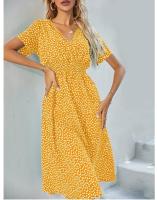 Vestido Midi de lunares para mujer, Túnica Vintage Bohemia, falda de manga corta, cuello en V, primavera, verano, azul, verde, amarillo, XL, L - details 2