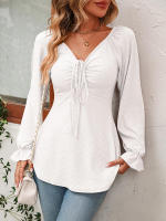 Blusa acampanada de manga larga con cuello en V para mujer, camiseta Sexy con cordón en la cintura, Tops elegantes para primavera y otoño, 2023 - details 9