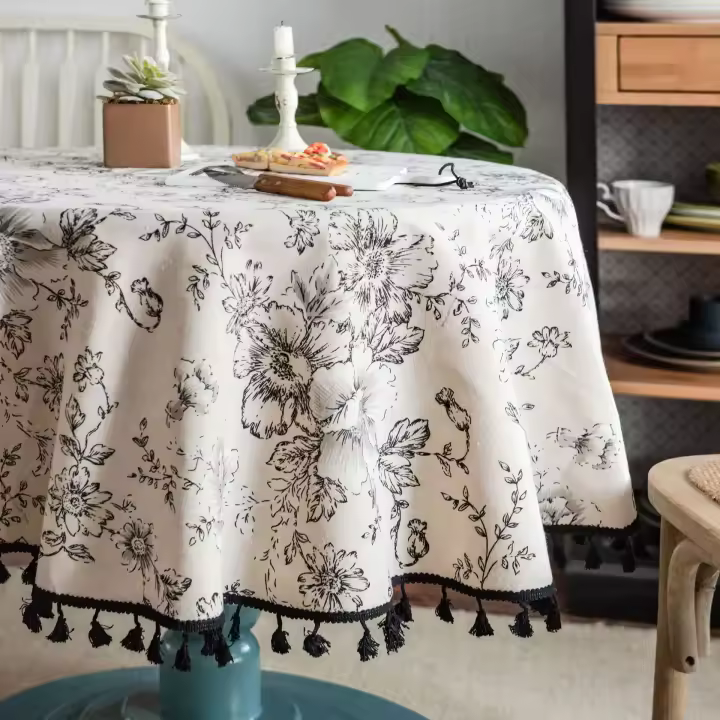 Mantel de algodón de lino Floral con borla, cubierta de mesa retro, cubierta de mesa redonda, paño de té, decoración de escritorio - 1
