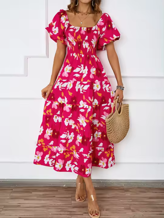 Vestido de manga de burbuja con falda mullida estampada con cuello de una línea de estilo nuevo de verano para mujer - 1