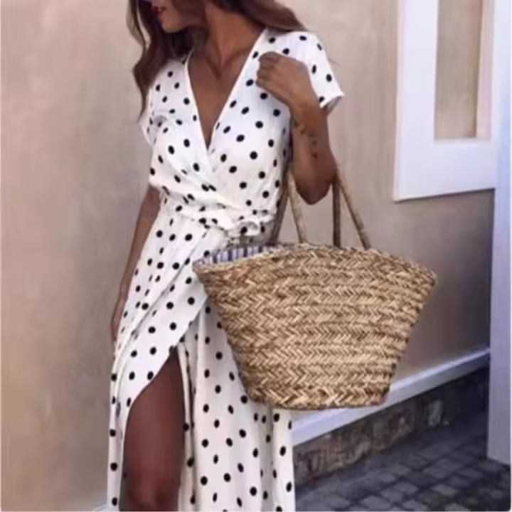 Nueva falda larga dividida de manga corta con estampado de puntos de verano - 1