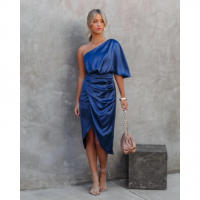 Elegante Vestido de Satén Sin Espalda Hasta el Hombro Desigualado, Vestido de Cóctel con Cremallera - details 6