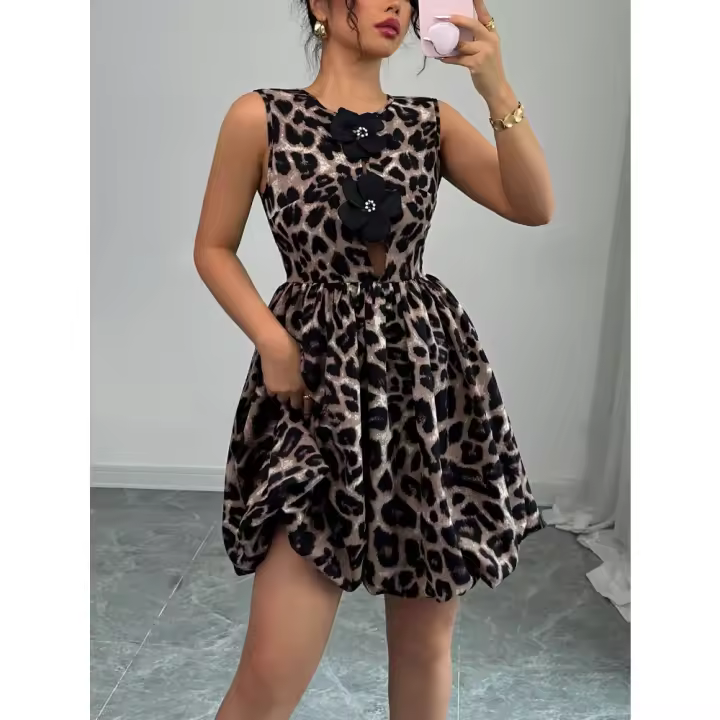 Vestido de Mujer Verano 2025 Estampado de Leopardo con Flores 3D en Relieve - 1