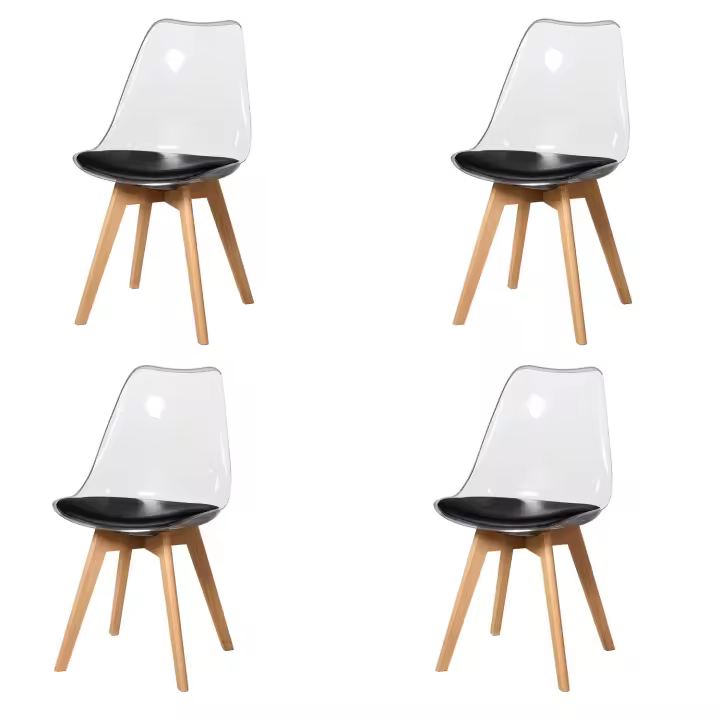 Juego de 4 sillas de comedor modernas y transparentes con patas de madera de haya tapizadas en cuero para sala de estar, cocina, oficina, salón, color negro - 1