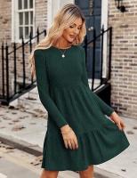 Vestido de manga larga con suéter hasta la rodilla informal con bolsillo y cuello redondo para mujer - details 21