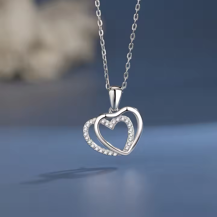 Collar de Doble Corazón de Plata Esterlina 925 Estilo Coreano de Verano para Mujer - 1