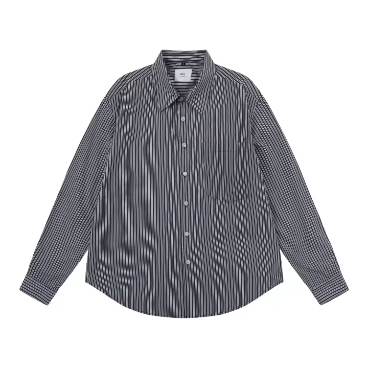 AMI High Version Camisa clásica a rayas con bordado de corazón pequeño para hombre, camisa informal multiusos para parejas - 1