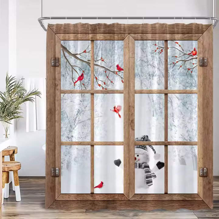 Cortina de Ducha de Navidad de Poliéster Escena de Ventana de Bosque Nevado - 1