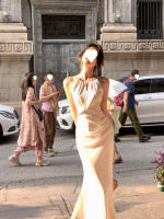 Vestido de noche de gama alta certificado blanco, regalo de cumpleaños elegante de verano para mujer de satén de acetato francés - details 13
