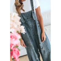 Moda desgastada suelta de pierna ancha cómoda correa casual Denim Overalls para mujer - details 8