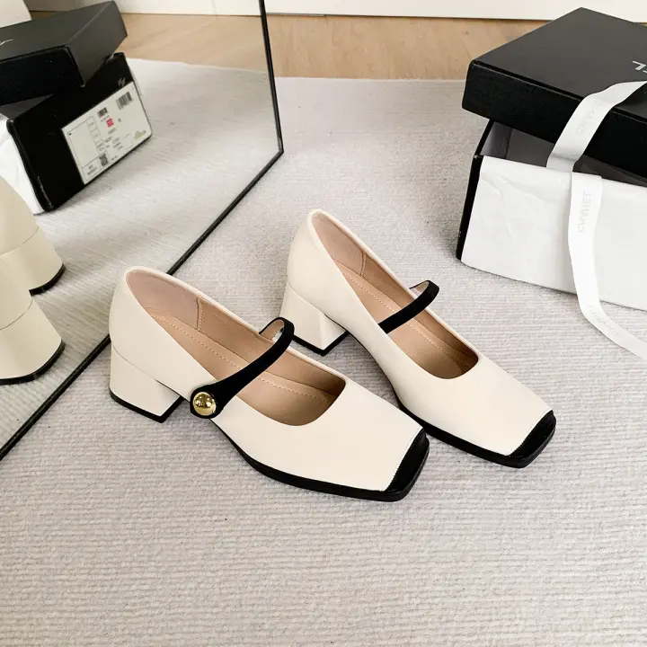 Zapatos Mary Jane franceses de punta cuadrada, individuales, boca ligera, tacón grueso, para mujer, combinación de colores. - 1