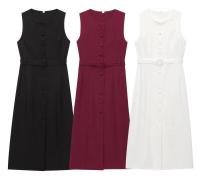 BUNO-Vestido elegante sin mangas con botones, cinturones para mujer, sin mangas, cuello redondo, ajustado, liso, vestidos de primavera 2025, bata dividida para ir al trabajo en la calle - details 1