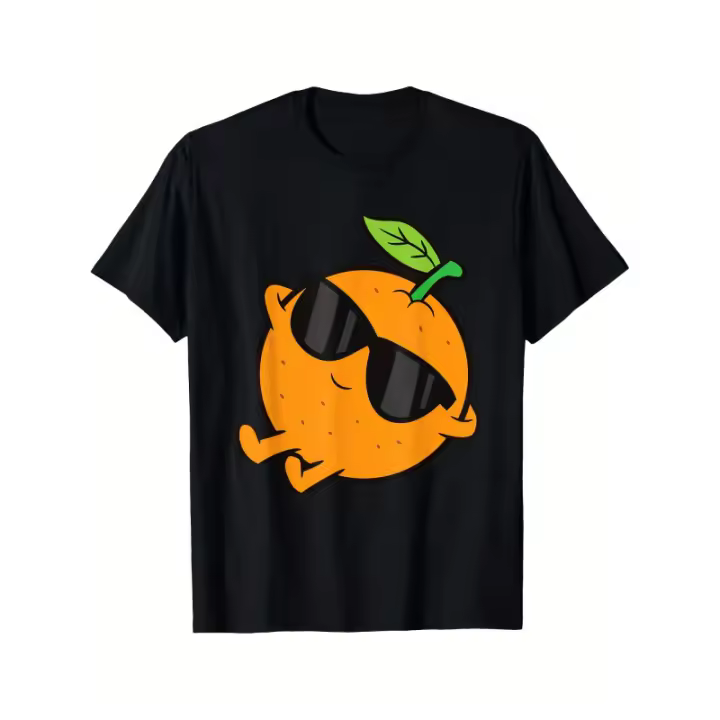 Camiseta de hombre de 230g 100% algodón - Camiseta casual negra de manga corta con gráfico de fruta naranja linda y gafas de moda, ajuste regular, cuello redondo para atuendo casual, top lavable a máquina, camiseta de impresión digital - 1