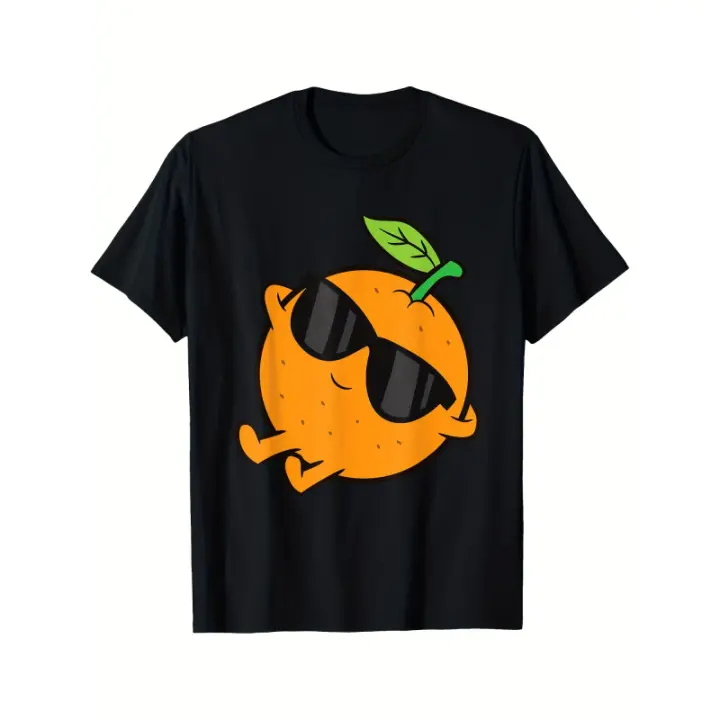 Camiseta de hombre de 230g 100% algodón - Camiseta casual negra de manga corta con gráfico de fruta naranja linda y gafas de moda, ajuste regular, cuello redondo para atuendo casual, top lavable a máquina, camiseta de impresión digital - 1