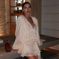 Mini Vestidos elegantes lisos con blusa para mujer, cuello en V, manga larga, empalmado con cordones, vestido de estilo dulce, novedad de 2025, Vestidos de fiesta callejera - details 9