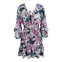Elegante Vestido de Fiesta Impreso para Damas Cuello en V, Manga Corta con Volantes, Corte A-línea, Dulce y Elegante de Verano - details 4