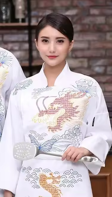 C673-ropa de trabajo de Chef de Hotel, ropa de Chef de manga larga de talla grande, abrigo de cocina de restaurante, uniforme de Chef de Sushi bordado de dragón - 1