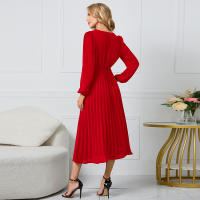Vestidos largos informales para mujer, cuello en V, manga larga, cintura alta, Maxi, diario, rojo S - details 6