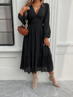 Vestido largo elegante de color sólido con cuello en V para otoño e invierno - details 12