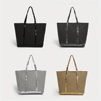 Bolso de mano de gran capacidad para mujer con acento de lentejuelas - Bolso de hombro elegante con cierre de cremallera, forro de poliéster duradero y correa fija, bolso elegante para el día a día para el trabajo, viajes, compras (gris claro/marrón oscur - details 11