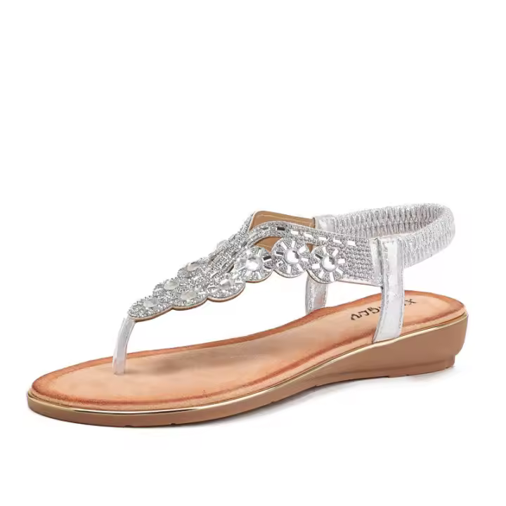 Zapatillas de tacón inclinado Sandalia para uso al aire libre, nueva moda de verano, estilo de diamantes de imitación, sandalias de playa de fondo grueso - 1