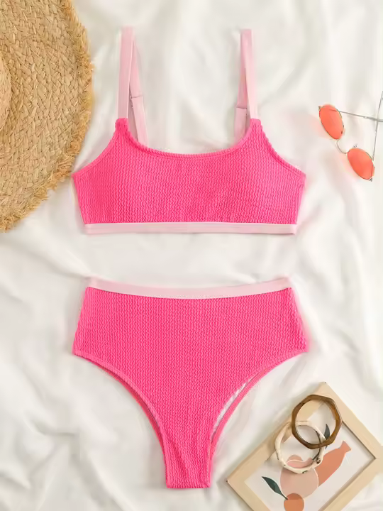Conjunto de bikini de cintura alta para mujer, traje de baño de playa naranja claro, verano - 1
