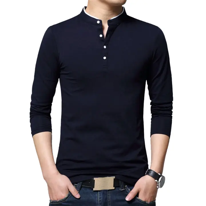 Camisetas Casuales de Otoño para Hombres CASUMANL Cuello Mandarín Manga Larga Talla Grande de Lujo - 1