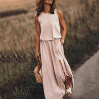 Vestido Largo Sin Mangas 2025 Cuello Redondo, Abertura Lateral, Colores Sólidos - Moda de Verano, Casual y Elegante - details 3