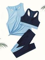 Conjunto de Yoga para Mujer - Sujetador Deportivo Acanalado de Alta Elasticidad con Detalle de Nudo y Leggings con Ribete de Contraste - Mezcla de Poliéster Transpirable, Lavable a Máquina - Perfecto para Todas las Estaciones - details 5
