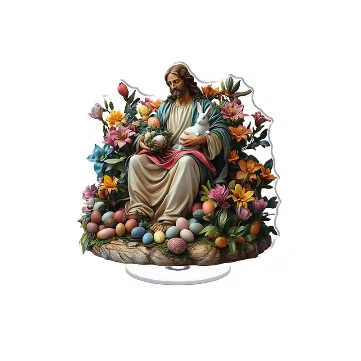 Adorno acrílico giratorio con una escena vibrante de Jesús con un conejo rodeado de huevos de flores y una cruz sobre un fondo brillante - 1