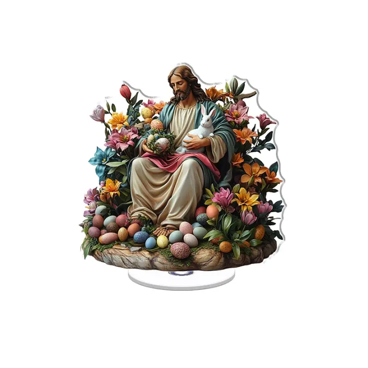 Adorno acrílico giratorio con una escena vibrante de Jesús con un conejo rodeado de huevos de flores y una cruz sobre un fondo brillante - 1