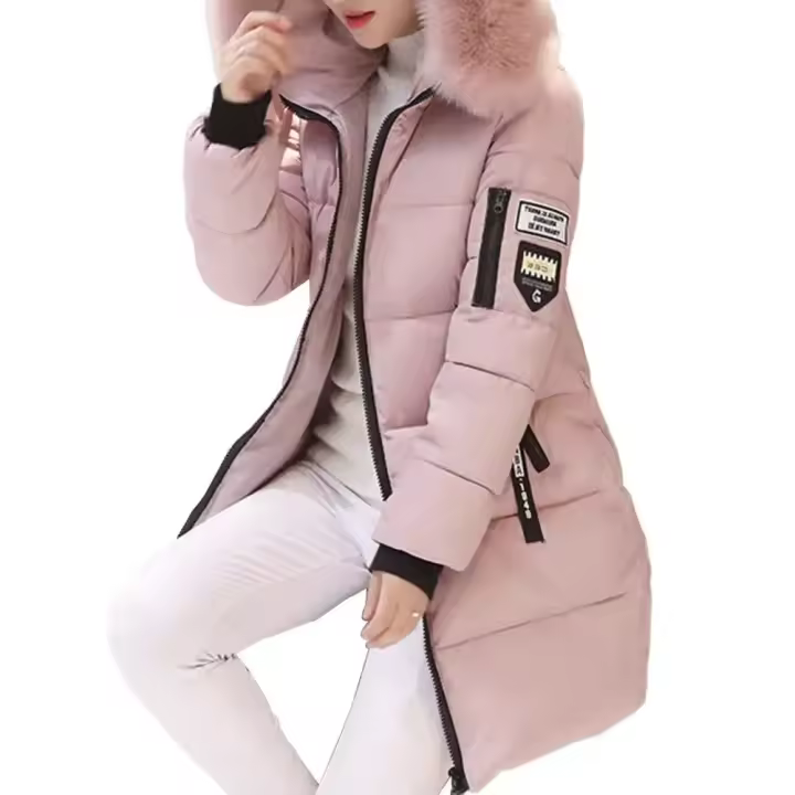 Moda mujer invierno algodón abrigo Parka grueso acolchado relleno con capucha longitud media cálido Zip Up Slim señora abajo abrigo largo - 1