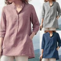 Elegante lino de algodón para mujer, informal con solapas, botones lisos, camisas holgadas de manga 3/4 para otoño e invierno, blusas tipo túnica - details 4